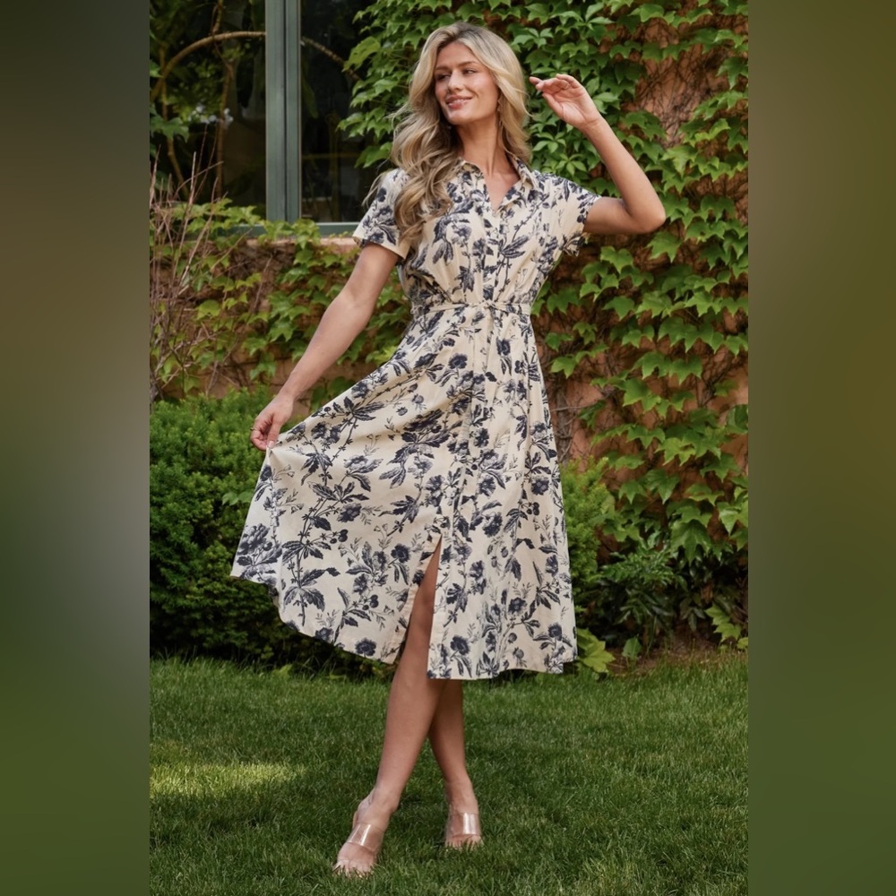 NWT Baltic Born Lorna Midi Dress | Beige + Navy Print